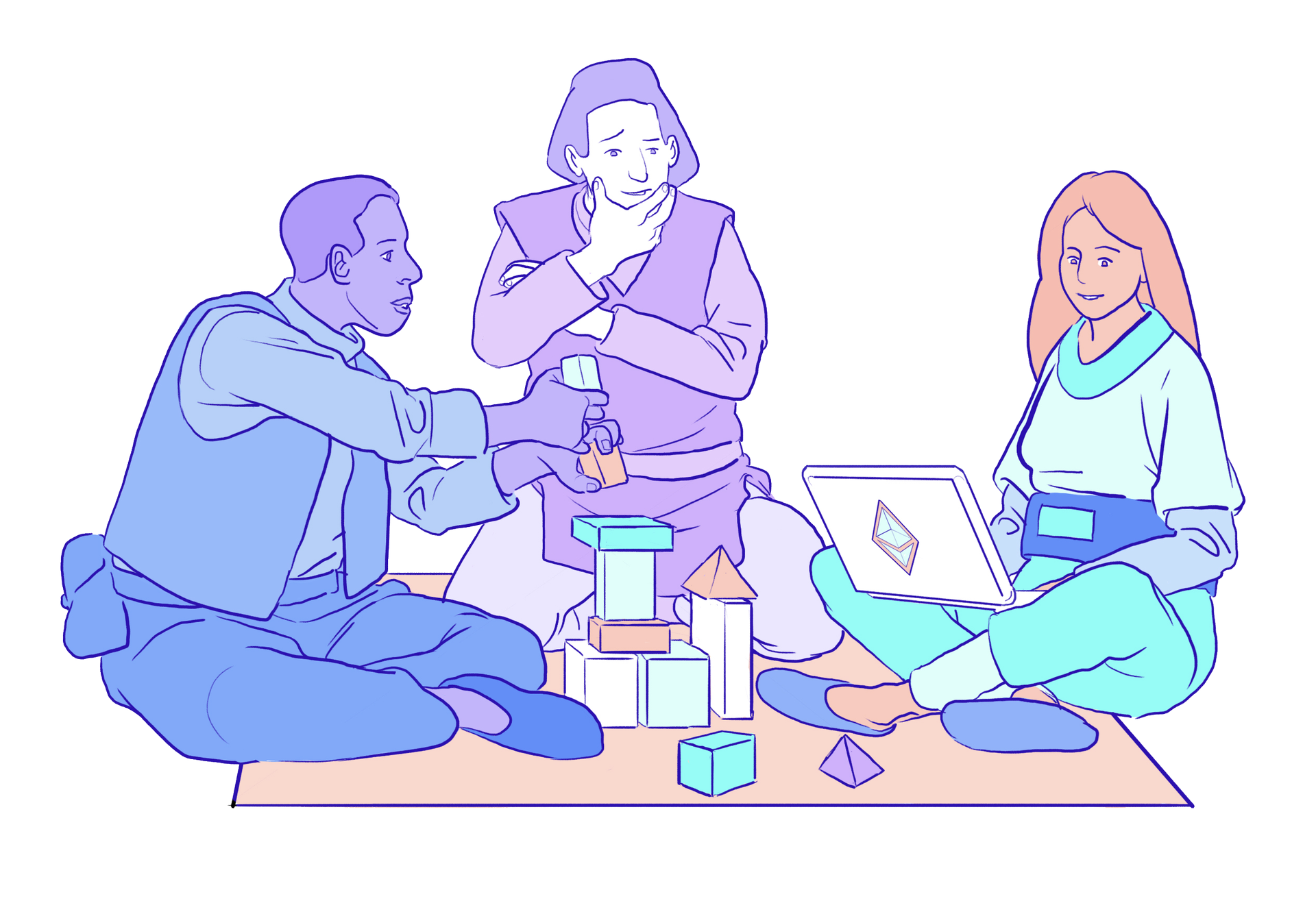 Ilustración de un grupo de constructores trabajando juntos.